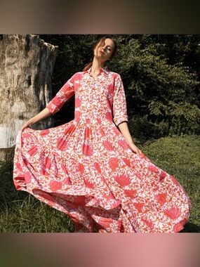 🌺 Guadalupe Design Meredith Floral Maxi Dress Coral Pink Cotton Tiered Boho M